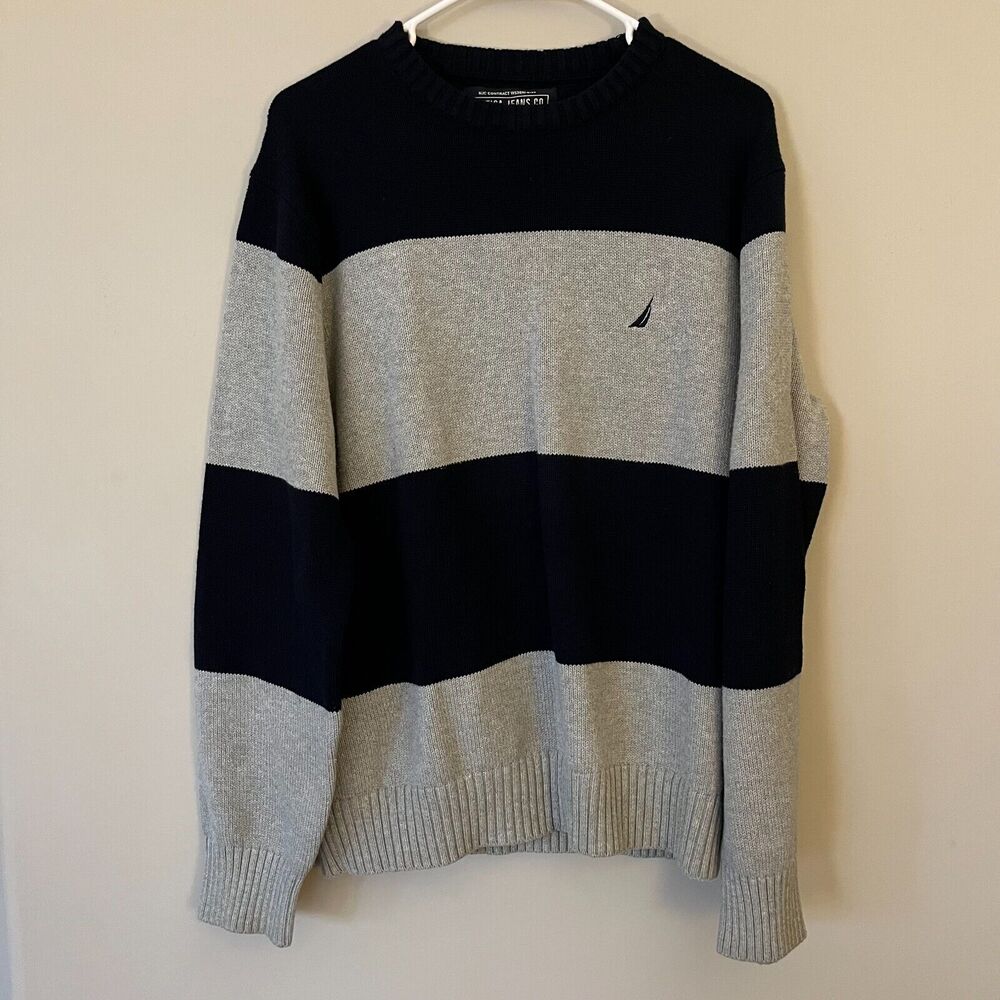 Nautica Sweater L Blue/Grey Solid Cotton Crew Neck Cotton Knit Long Sleeve